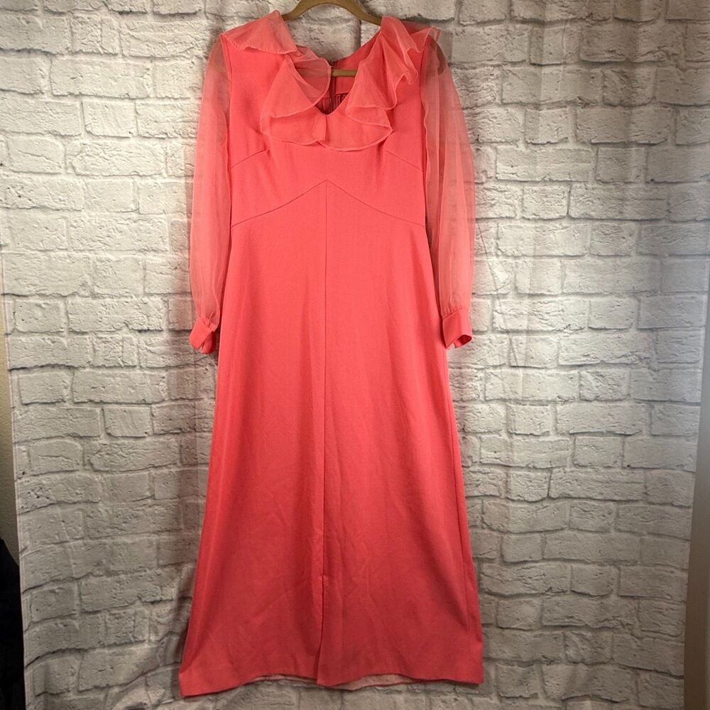 Vtg 70s Montgomery Ward Coral Pink Dress Size Small Cocktail Party House Dress